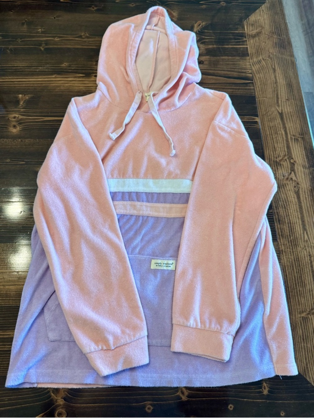 Simply Southern Preppy Pink‎ & Lavender Terrycloth Hoodie Size L